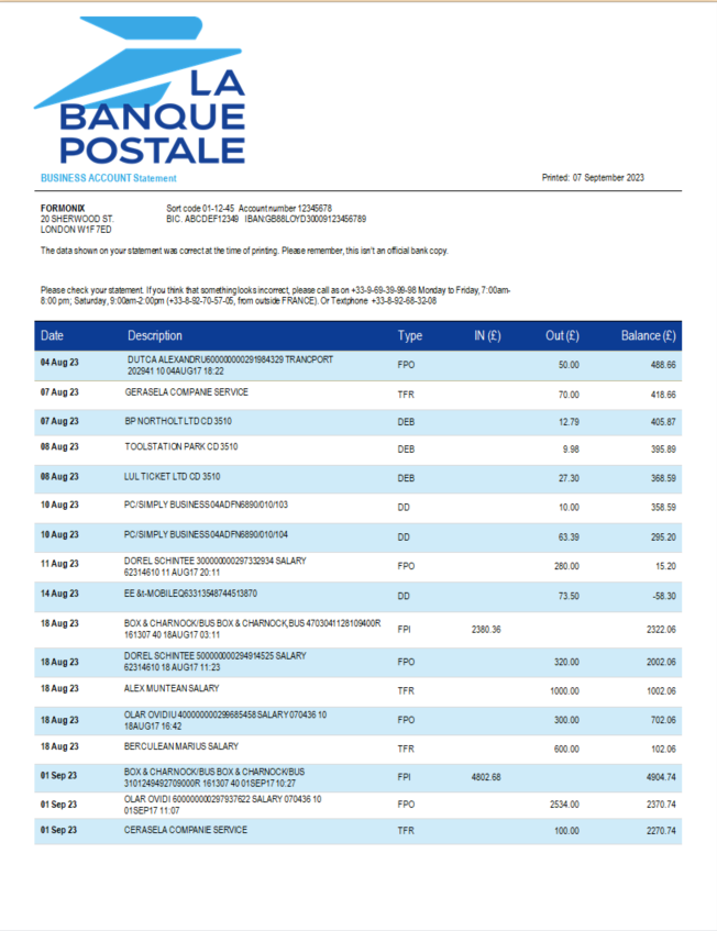 Modèle Word et PDF de relevé bancaire ferme de La Banque Postale